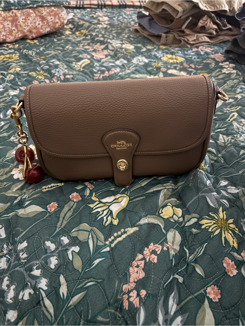 Coach Hadley Pebbled Leather Shoulder Bag in Brown with Cherry Charm